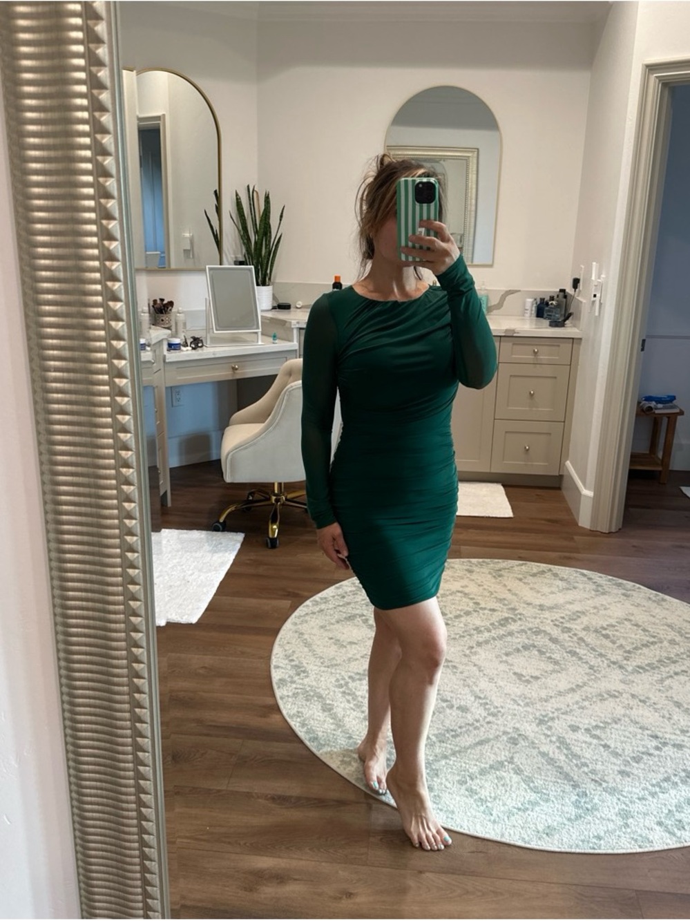 Hello Molly Emerald Green Long Sleeve Ruched Mini Dress